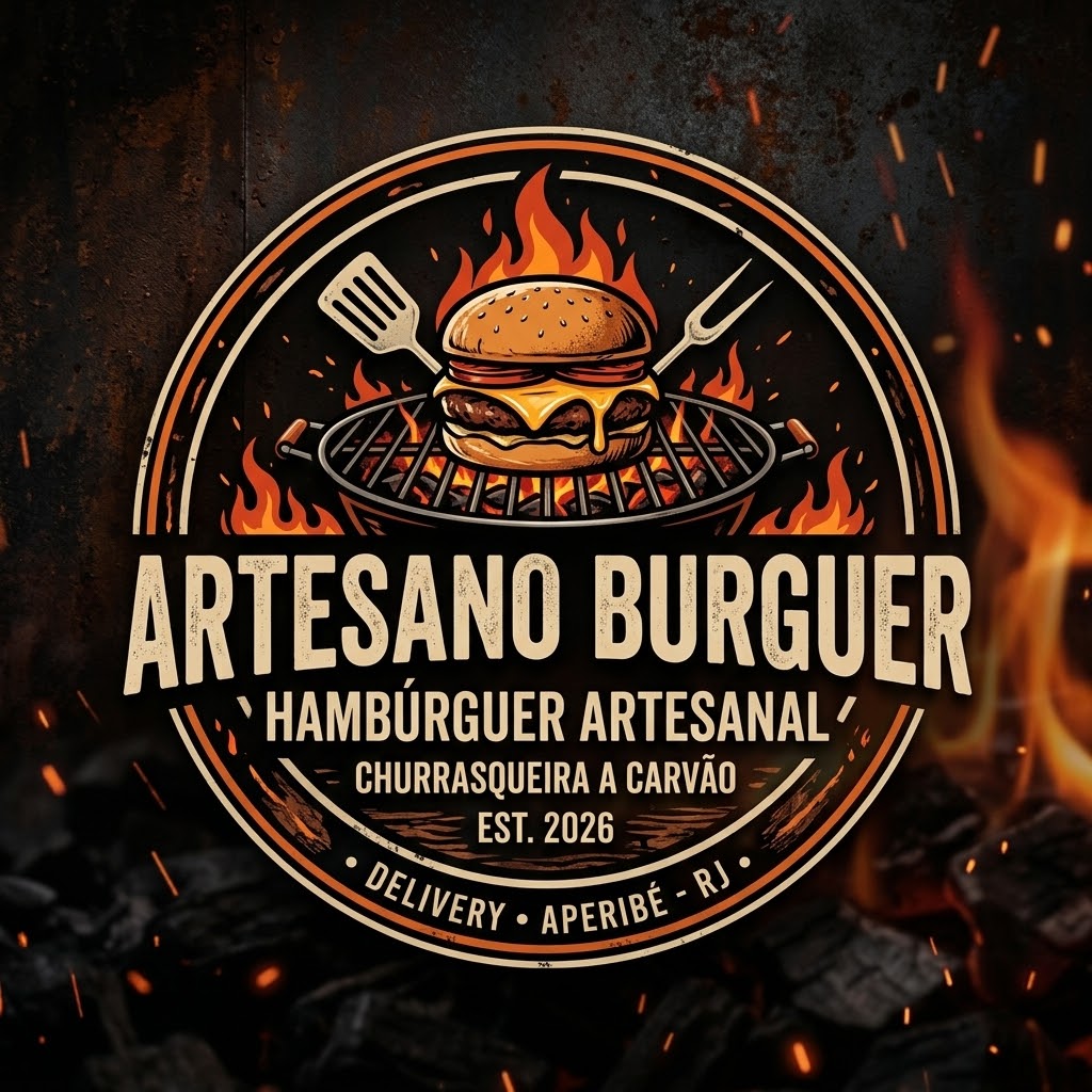 Logo Artesano Burguer: hambúrguer na grelha cercado por chamas